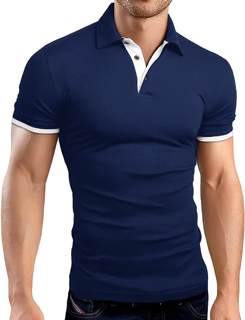 KUYIGO Men's Short Sleeve Polo Shirts Casual Slim Fit Basic Designed Cotton Shirt Large Navy - Image 1